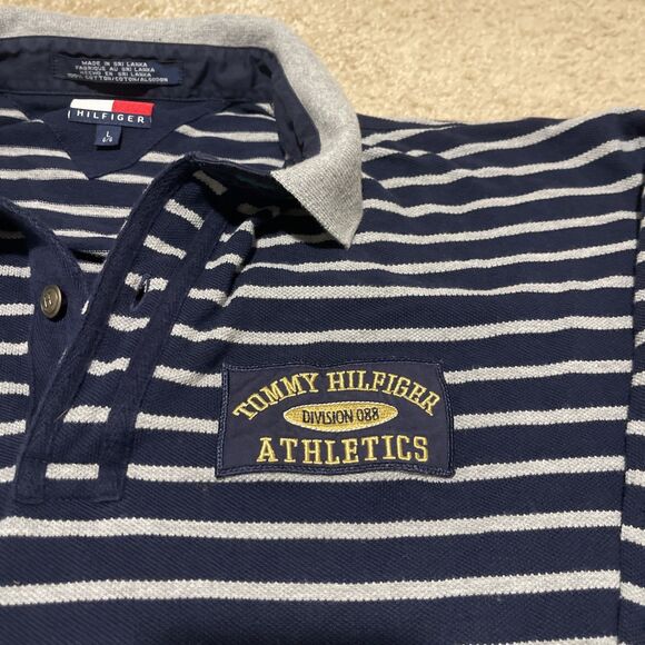 Vtg 90s Tommy Hilfiger Athletics Flag Striped Polo Rugby Shirt L Sport Navy Gold - Picture 2 of 9